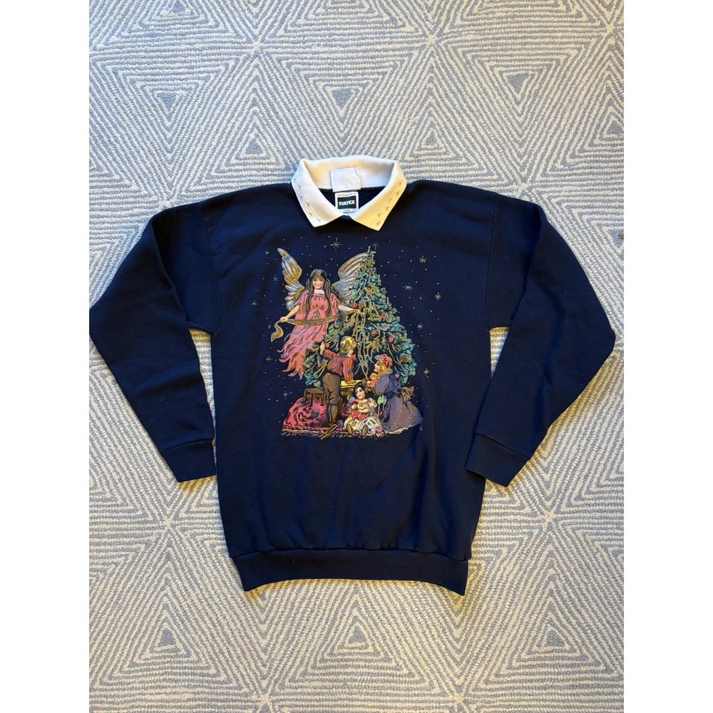 Women's MBC Tulex Collared Christmas‎ Angel Tree Sweatshirt - Blue - Large
